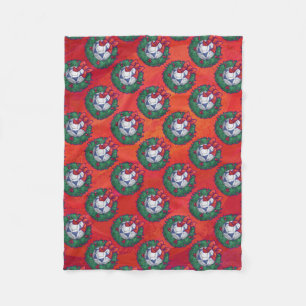 Festive Blue, White Soccer Ball Pattern on Red Fleece Blanket