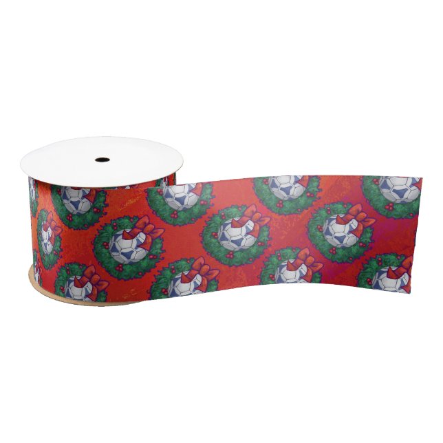 Festive Blue, White Soccer Ball Pattern on Red Satin Ribbon (Spool)