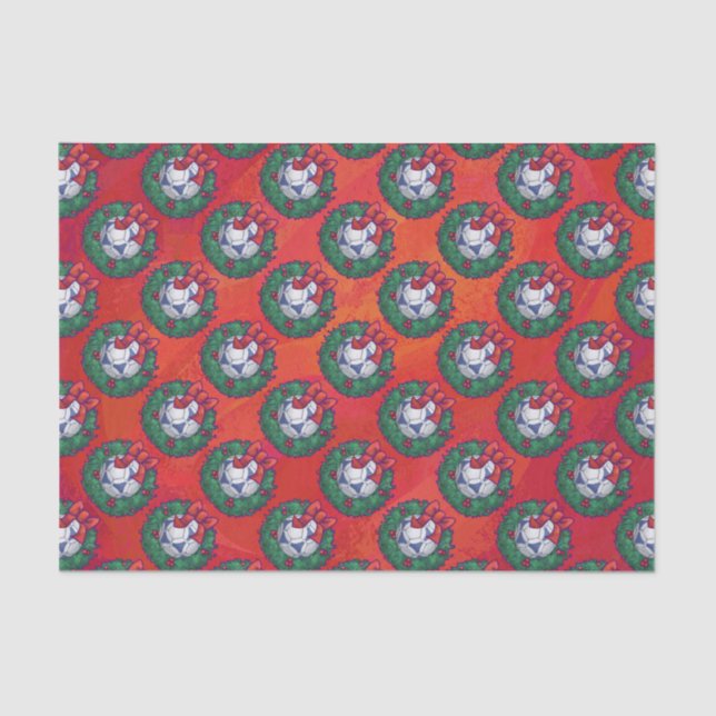 Festive Blue, White Soccer Ball Pattern on Red Tissue Paper (Front)