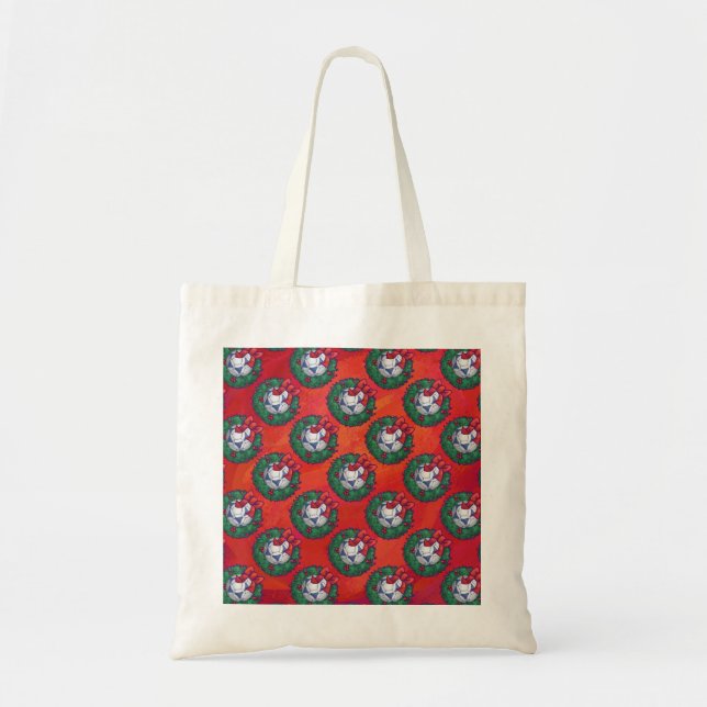 Festive Blue, White Soccer Ball Pattern on Red Tote Bag (Front)