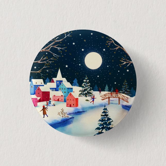 Festive Blue Winter Snow Village  3 Cm Round Badge (Front)