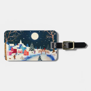 Festive Blue Winter Snow Village  Luggage Tag