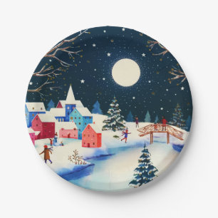 Festive Blue Winter Snow Village Paper Plate
