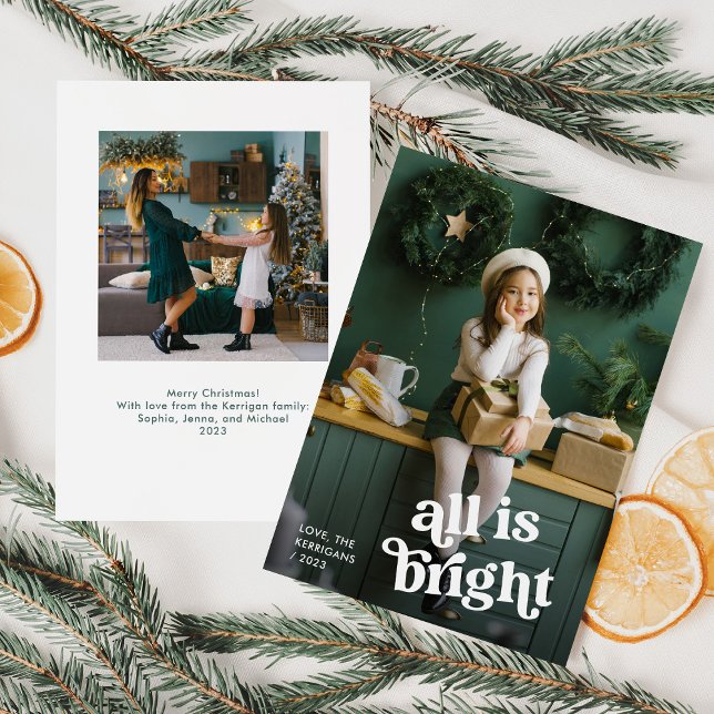 Festive Boho | All is Bright with Two Photos Holiday Card (A whimsical, boho Christmas card that says "all is bright" and features two of your photos)