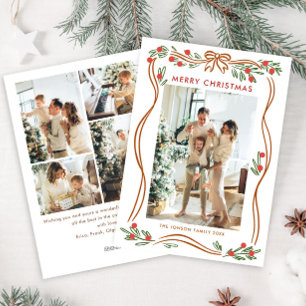 Festive Boho Beige Christmas Bow Ribbon 5 Photo Holiday Card