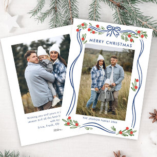 Festive Boho Blue Christmas Bow Ribbon 2 Photo Holiday Card