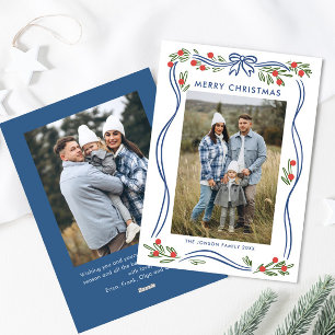 Festive Boho Blue Christmas Bow Ribbon 2 Photo Holiday Card