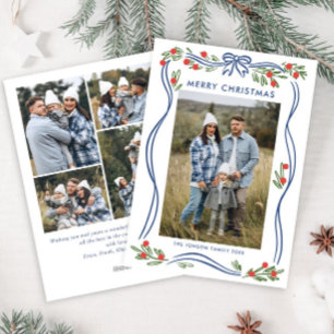 Festive Boho Blue Christmas Bow Ribbon 5 Photo Holiday Card