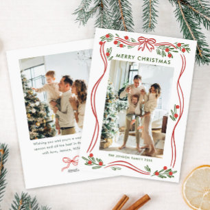 Festive Boho Red Christmas Bow Ribbon 2 Photo Holiday Card