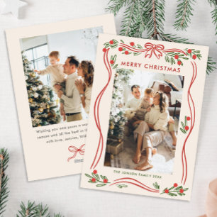 Festive Boho Red Christmas Bow Ribbon 2 Photo Holiday Card