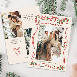 Festive Boho Red Christmas Bow Ribbon 3 Photo Holiday Card
