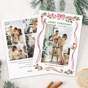 Festive Boho Red Christmas Bow Ribbon 5 Photo Holiday Card