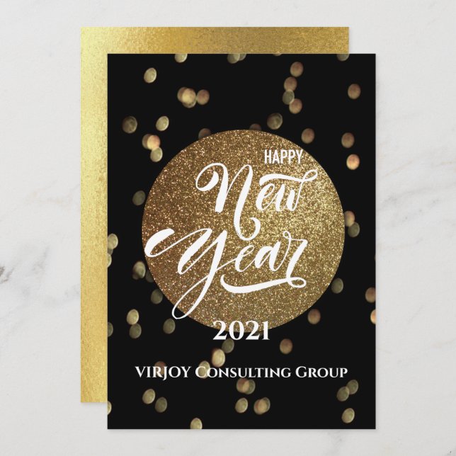 Festive Bokeh Gold Confetti Elegant Black Business Holiday Card (Front/Back)