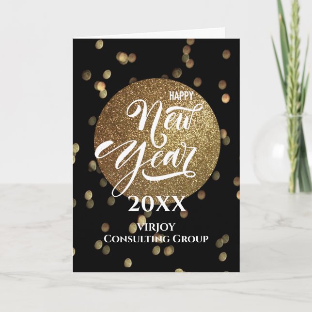Festive Bokeh Gold Confetti Elegant Black Business Holiday Card (Front)