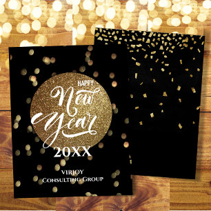 Festive Bokeh Gold Confetti Elegant Black Business Holiday Card