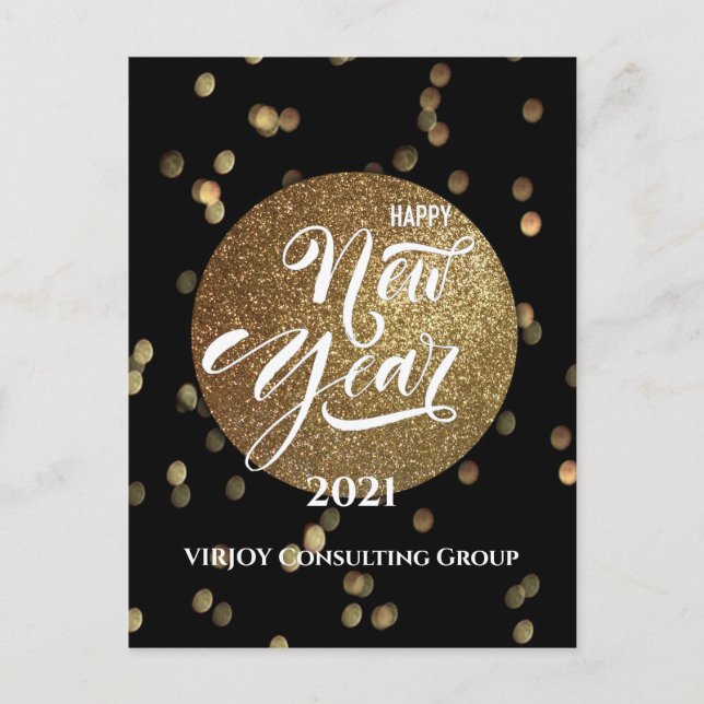 Festive Bokeh Gold Confetti Elegant Black Business Holiday Postcard (Front)