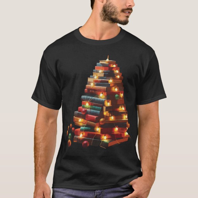 Festive Book Christmas Tree with String Lights T-Shirt (Front)
