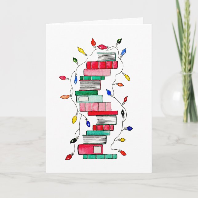 Festive Book Stack Holiday Card (Front)