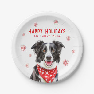 Festive Border Collie Red Heart Bandana Christmas Paper Plate