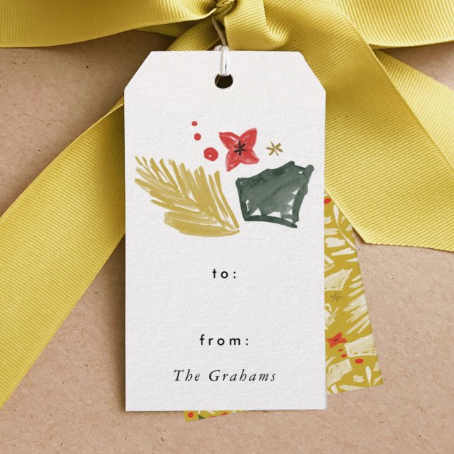Festive Botanical Christmas Gift Tags (Festive botanical chartreuse golden watercolor Christmas gift tag.)