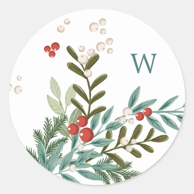 Festive Botanical Floral Christmas Classic White Round Sticker (Front)