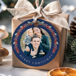 Festive Botanical Wreath Photo Christmas Favour Tags