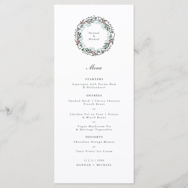 Festive botanical wreath Wedding Breakfast Menu (Front)