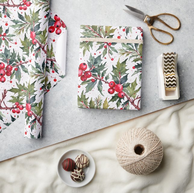 Festive Boughs of Holly Botanical Wrapping Paper (Crafts)