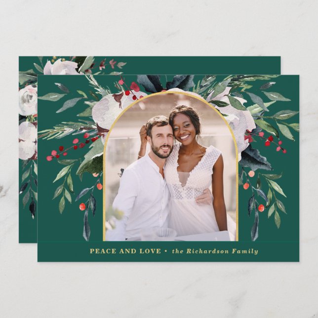 Festive Bounty | Greenery and Berries One Photo Holiday Card (Front/Back)