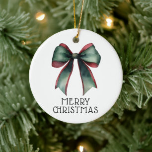 Festive Bow Modern Custom Photo Merry Christmas Ceramic Tree Decoration