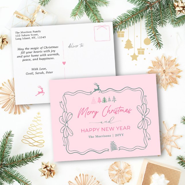 Festive Bow & Trees Doodle Pink Holiday Postcard (Festive Bow & Trees Doodle Pink Holiday Postcard)