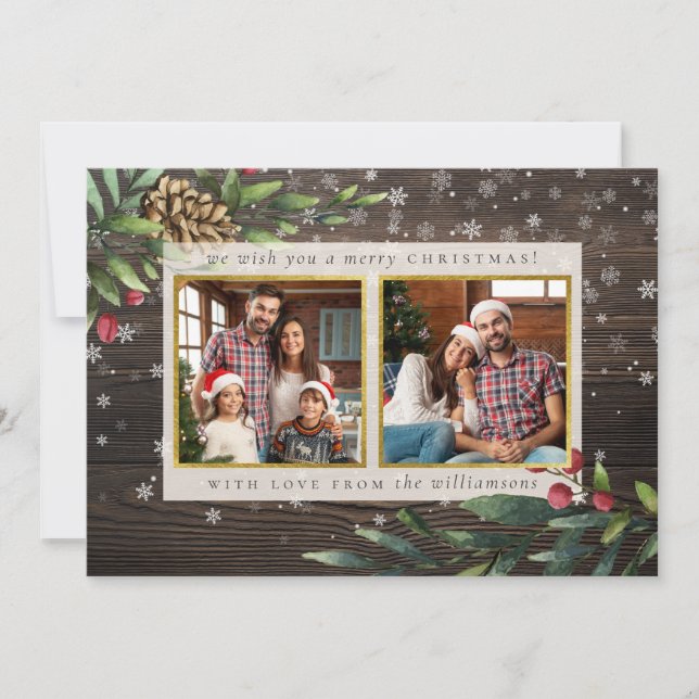 Festive Branches | Wood & Gold Christmas Photo Holiday Card (Front)
