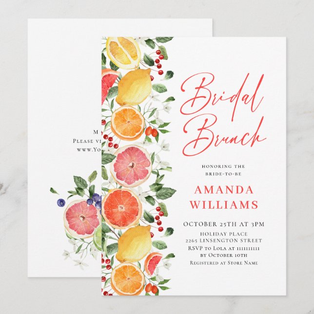 Festive Bright Floral Citrus Slice Bridal Brunch Invitation (Front/Back)