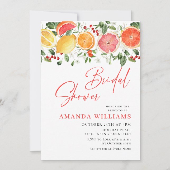 Festive Bright Floral Citrus Slice Bridal Brunch Invitation (Front)