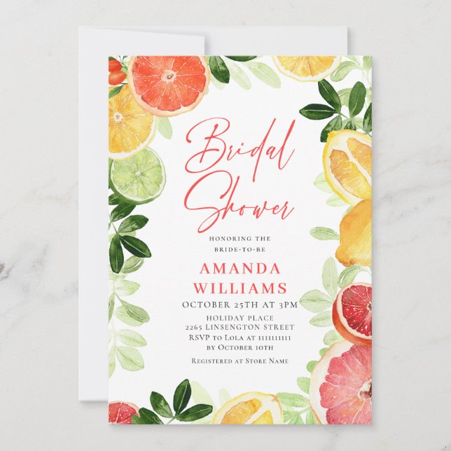 Festive Bright Floral Citrus Slice Bridal Shower Invitation (Front)