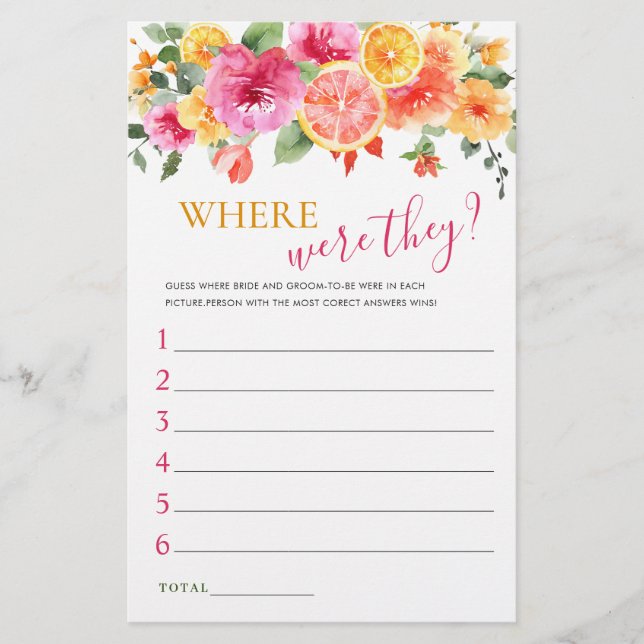 Festive Bright Flowers Citrus Bridal Shower Game (Front)