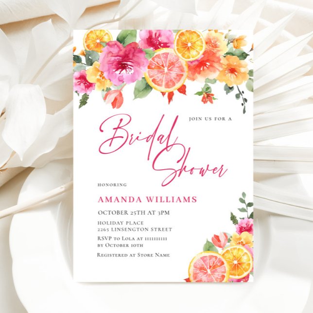 Festive Bright Flowers Floral Citrus Bridal Shower Invitation (Creator Uploaded)