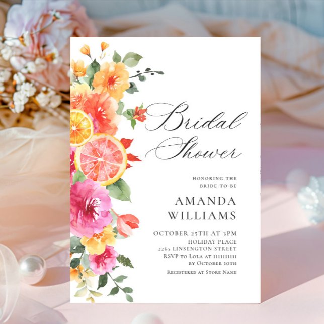 Festive Bright Flowers Floral Citrus Bridal Shower Invitation (Creator Uploaded)