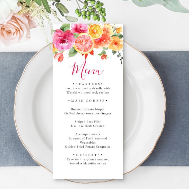 Festive Bright Flowers Floral Citrus Bridal Shower Menu (Creator Uploaded)