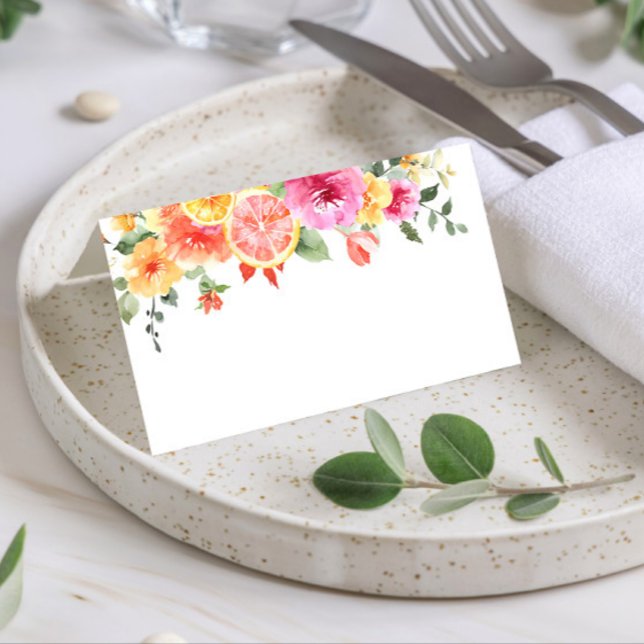 Festive Bright Flowers Floral Citrus Bridal Shower Place Card (Creator Uploaded)