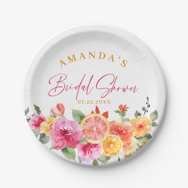 Festive Bright Flowers Slice Citrus Bridal Shower Paper Plate (Front)