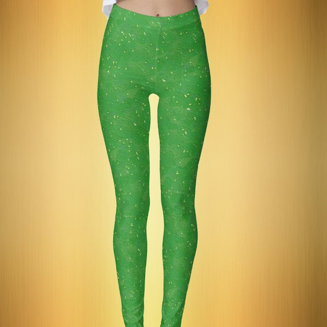 Festive Bright Green Covered in Tiny Gold Flecks Leggings (Festive sparkle like womans leggings in bright green covered with tiny gold flecks.)
