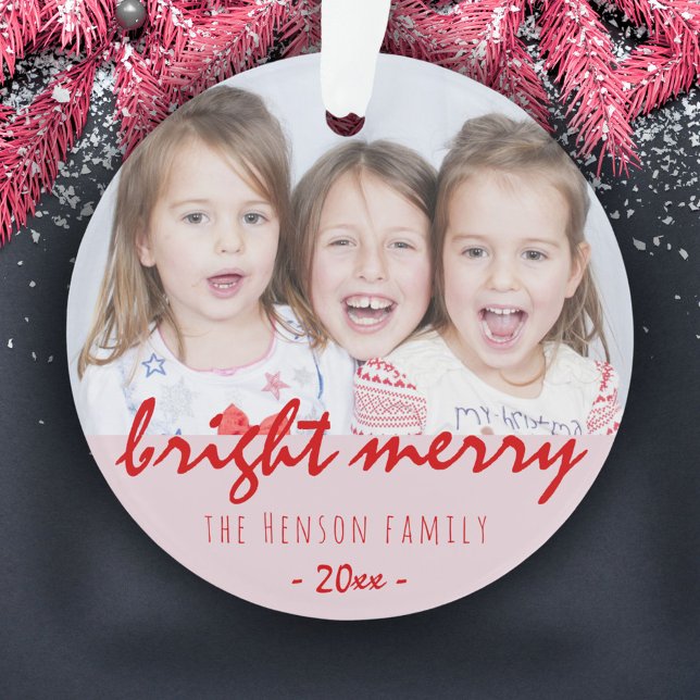 Festive Bright Merry Script Red Christmas Photo Ornament (Creator Uploaded)