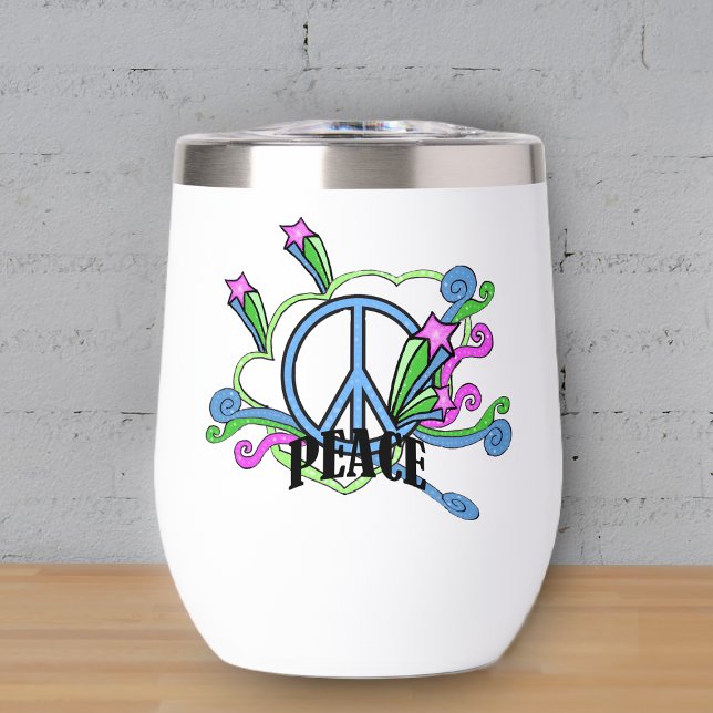 Festive Bright Peace Sign With scrolls Pink Stars (Festive 1960s peace sign design with scalloped frame, scrolls and pink stars on drink tumbler.)