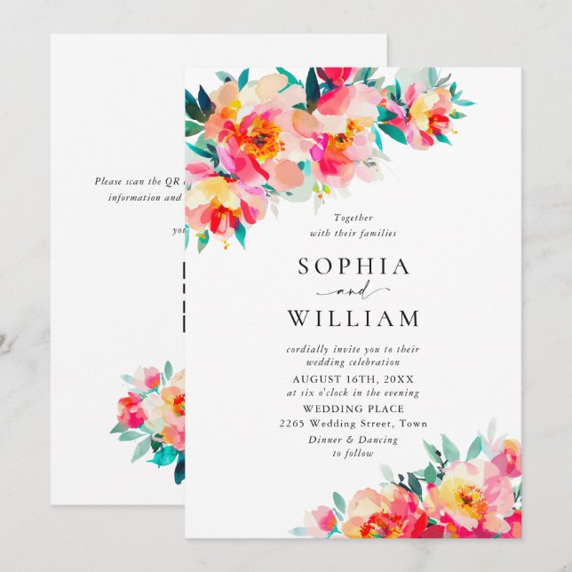 Festive Bright Pink Orange Flowers Wedding Invitation (Front/Back)