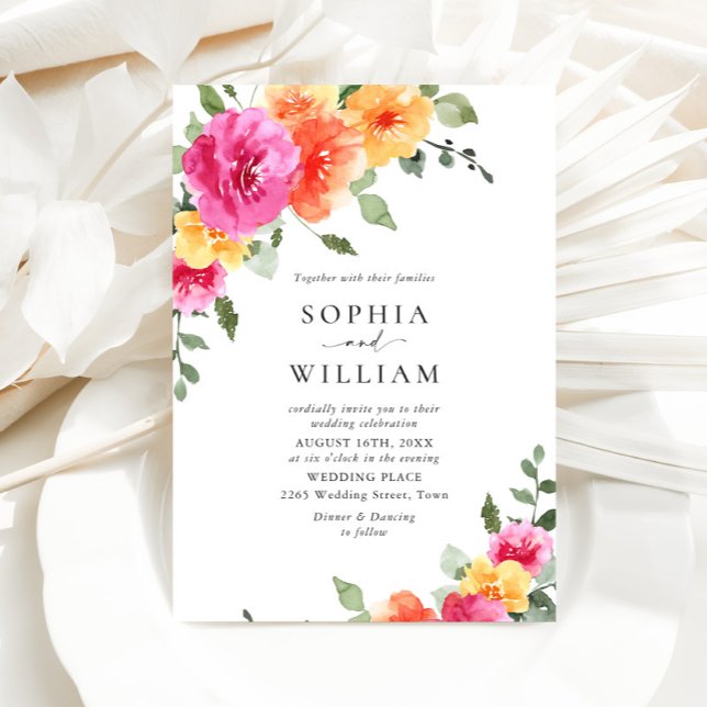 Festive Bright Pink Orange Flowers Wedding Invitation (Creator Uploaded)