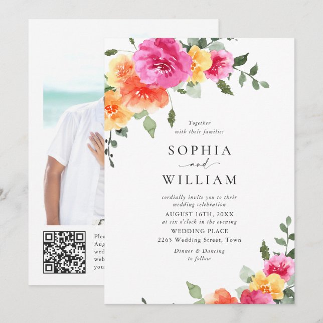 Festive Bright Pink Orange Flowers Wedding QR code Invitation (Front/Back)