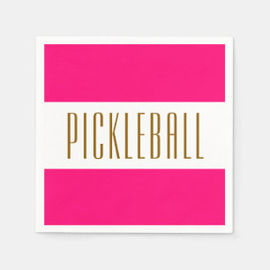 Festive Bright Pink White Stripes PICKLEBALL Text Napkin