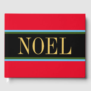 Festive Bright Red Black Green Stripes NOEL Text Guest Book