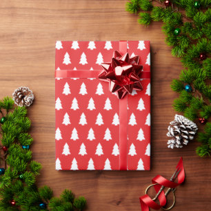 Festive Bright Red White Christmas Tree pattern Wrapping Paper